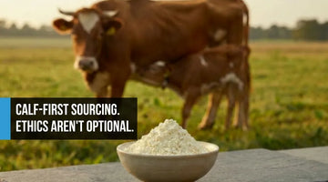 Healthy cow and newborn calf together in a blurred golden pasture behind a ceramic bowl of rich ivory colostrum powder on dark slate, communicating calf-first ethical sourcing