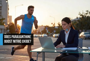 Split lifestyle image of a male endurance athlete and female executive both glowing with electric blue cellular energy, representing how cardiovascular health and blood flow are the shared foundation of elite athletic and cognitive performance.