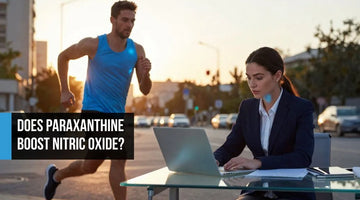 Split lifestyle image of a male endurance athlete and female executive both glowing with electric blue cellular energy, representing how cardiovascular health and blood flow are the shared foundation of elite athletic and cognitive performance.