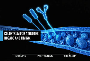 Electric blue muscle fiber cross-section with IGF-1 and IgG structures flowing to recovery tissue, white timeline marking morning, pre-training, and pre-sleep windows on black