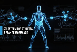Electric blue athlete silhouette with IgG, lactoferrin, and IGF-1 flowing to gut barrier, immune, muscle, and mineral balance recovery nodes on black