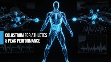 Electric blue athlete silhouette with IgG, lactoferrin, and IGF-1 flowing to gut barrier, immune, muscle, and mineral balance recovery nodes on black