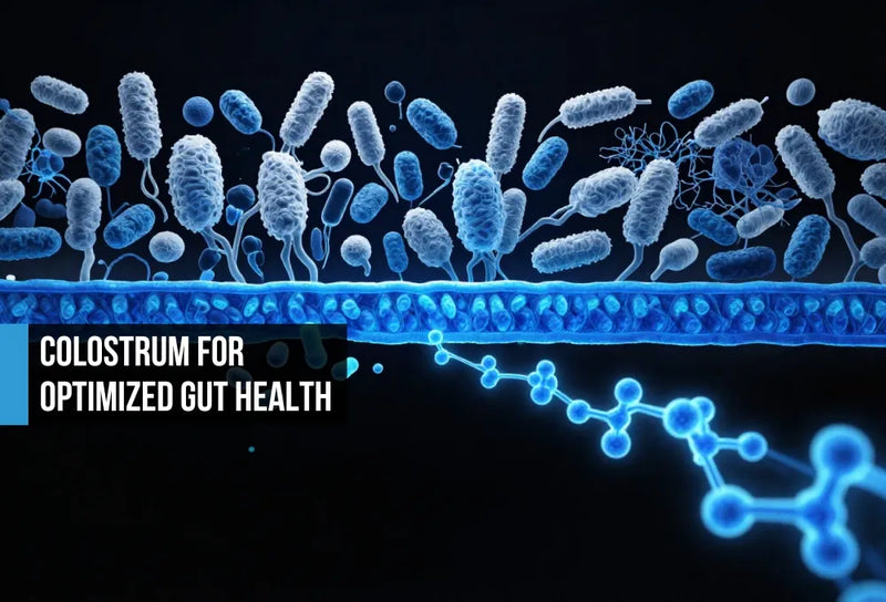 Electric blue gut cross-section with IgG antibody structures and lactoferrin layer reinforcing the intestinal barrier against microbial stress on black background