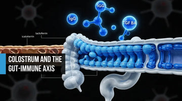 Cinematic cross-section of intact intestinal barrier in electric blue with IgG, lactoferrin, and TGF-β molecules above versus compromised amber barrier on left suggesting leaky gut.