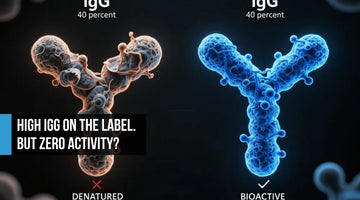 Cinematic scientific concept showing denatured grey IgG antibody with red X versus intact electric blue bioactive IgG with checkmark, both labeled IgG 40% to illustrate turbidity-corrected testing