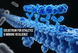 Electric blue gut barrier with intact tight junctions, floating IgG antibody structures, and lactoferrin layer against faint amber training stress indicators suggesting immune resilience