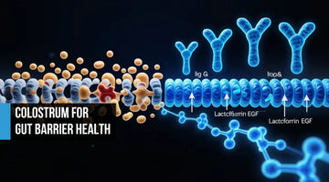 Amber loosened tight junctions with leaking particles versus sealed electric blue junctions with IgG, lactoferrin, and EGF molecules reinforcing gut barrier integrity