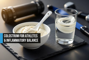 Ceramic bowl of ivory colostrum powder with a spoon on dark slate beside a glass of water with powder dissolving, foam roller and resistance band softly out of focus in the background
