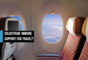 Empty airplane cabin seats with oval window showing blue sky and clouds, with text overlay reading Colostrum Immune Support for Travel?