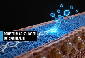 Skin dermis cross-section in electric blue showing collagen fiber architecture with amino acid chains and EGF exosome signals converging, MMP enzymes suppressed at edges, black background