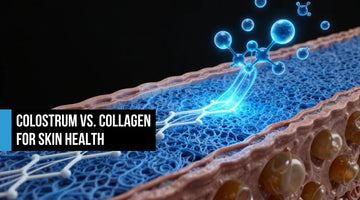 Skin dermis cross-section in electric blue showing collagen fiber architecture with amino acid chains and EGF exosome signals converging, MMP enzymes suppressed at edges, black background