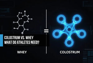 White amino acid chain to muscle labeled WHEY versus four electric blue nodes for gut barrier, immune, inflammation, and growth factors labeled COLOSTRUM with an equals sign between them