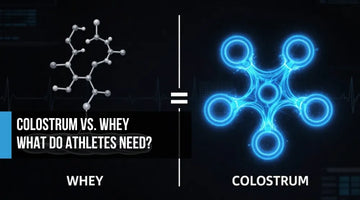 White amino acid chain to muscle labeled WHEY versus four electric blue nodes for gut barrier, immune, inflammation, and growth factors labeled COLOSTRUM with an equals sign between them