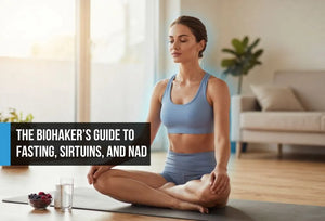 Lean woman in her early forties sitting in mindful meditation at golden hour morning light with a supplement bottle and water, representing fasting-supported sirtuin activation, cellular repair, and mental clarity.