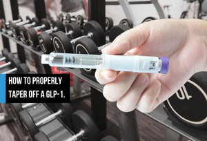 A hand holding a GLP-1 injection pen in front of a gym dumbbell rack, with overlay text 'How to Properly Taper Off a GLP-1.'