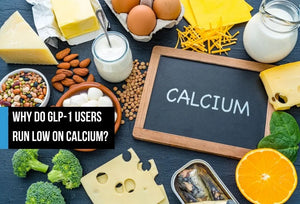 Calcium-rich foods including cheese, eggs, milk, almonds, sardines, and broccoli around a chalkboard sign, with overlay text 