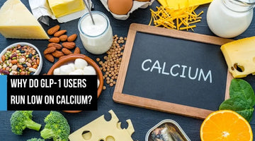 Calcium-rich foods including cheese, eggs, milk, almonds, sardines, and broccoli around a chalkboard sign, with overlay text 
