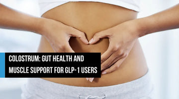 A woman forming a heart shape with her hands over her stomach, shown from the torso, with overlay text reading 'Colostrum: gut health and muscle support for GLP-1 users.'
