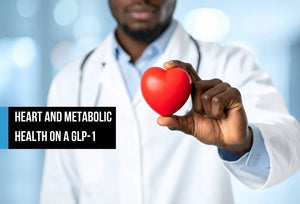 A doctor in a white coat with a stethoscope holding a small red heart, with overlay text reading 'Heart and metabolic health on a GLP-1.'