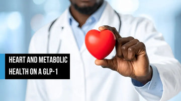 A doctor in a white coat with a stethoscope holding a small red heart, with overlay text reading 'Heart and metabolic health on a GLP-1.'