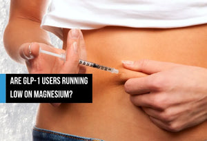 A person injecting a GLP-1 medication pen into their abdomen, shown from the torso, with overlay text reading 