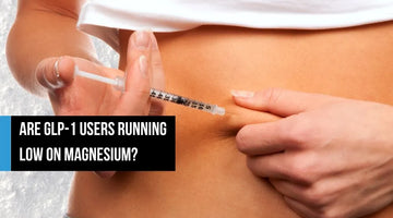 A person injecting a GLP-1 medication pen into their abdomen, shown from the torso, with overlay text reading 
