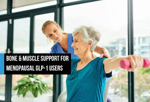 Older woman smiling while lifting a pink dumbbell during physical therapy with a trainer, with text overlay reading Bone and Muscle Support for Menopausal GLP-1 Users