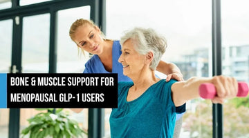 Older woman smiling while lifting a pink dumbbell during physical therapy with a trainer, with text overlay reading Bone and Muscle Support for Menopausal GLP-1 Users