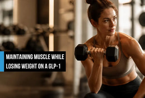 A fit woman in a sports bra doing a dumbbell curl in a gym, focused and mid-workout with weight racks behind her, with overlay text reading 'Maintaining muscle while losing weight on a GLP-1.'