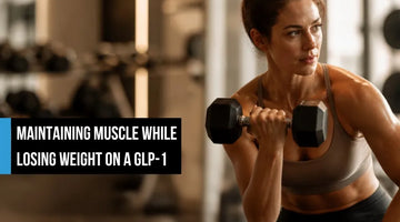 A fit woman in a sports bra doing a dumbbell curl in a gym, focused and mid-workout with weight racks behind her, with overlay text reading 'Maintaining muscle while losing weight on a GLP-1.'
