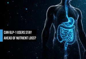 Glowing blue anatomical illustration of a human torso showing the stomach and intestines on a dark background, with overlay text reading 'Can GLP-1 users stay ahead of nutrient loss?'