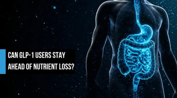 Glowing blue anatomical illustration of a human torso showing the stomach and intestines on a dark background, with overlay text reading 'Can GLP-1 users stay ahead of nutrient loss?'