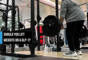 A person deadlifting a barbell in a gym, with overlay text 'Should You Lift Weights on a GLP-1?'