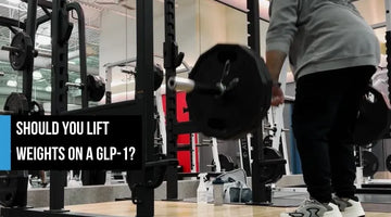 A person deadlifting a barbell in a gym, with overlay text 'Should You Lift Weights on a GLP-1?'