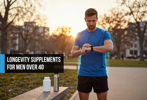 Fit man in his mid-forties after an outdoor run at golden hour, calm and confident beside a supplement bottle with a subtle electric blue glow suggesting cellular energy and mitochondrial optimization.