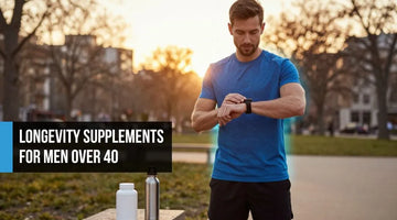 Fit man in his mid-forties after an outdoor run at golden hour, calm and confident beside a supplement bottle with a subtle electric blue glow suggesting cellular energy and mitochondrial optimization.