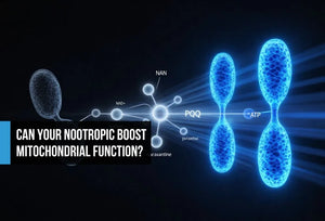 Split scientific concept showing a depleted grey mitochondria transforming into three vivid electric blue mitochondria, representing NMN, PQQ, and paraxanthine restoring NAD+ synthesis, mitochondrial biogenesis, and ATP production.
