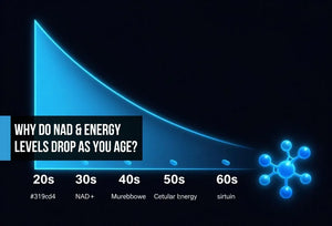 Cinematic data visualization of NAD+ decline across decades with a glowing electric blue energy bar fading from the 20s to 60s, mitochondria icons dimming, and an NMN molecule suggesting restoration.