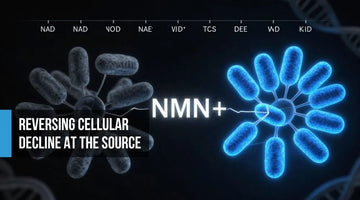 Cinematic scientific concept showing fading grey mitochondria on the left and vivid electric blue restored mitochondria on the right, with an NMN molecular structure bridging the transformation on a matte black background