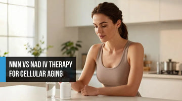 Healthy woman in her forties taking a daily NMN supplement capsule at a bright minimalist kitchen counter — representing sustainable NAD+ support and cellular energy optimization over expensive IV therapy.