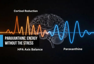 Scientific concept image contrasting caffeine-driven cortisol overstimulation with balanced paraxanthine neurological activation, showing jagged amber stress waves versus smooth blue sine waves on a dark background