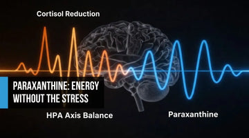 Scientific concept image contrasting caffeine-driven cortisol overstimulation with balanced paraxanthine neurological activation, showing jagged amber stress waves versus smooth blue sine waves on a dark background