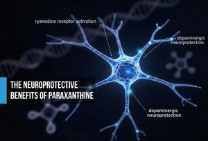 Blue neuron with dendrites and molecular structures suggesting dopaminergic neuroprotection