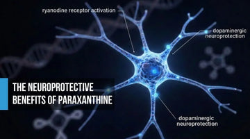 Blue neuron with dendrites and molecular structures suggesting dopaminergic neuroprotection