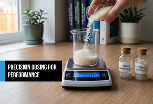 A digital scale weighing a 100mg dose of paraxanthine next to bottles for mental clarity and peak focus.