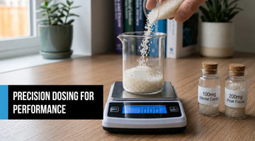 A digital scale weighing a 100mg dose of paraxanthine next to bottles for mental clarity and peak focus.