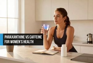 Confident woman at a bright kitchen island holding water and a supplement bottle with a soft blue glow, calm morning light, suggesting clean hormonal energy support