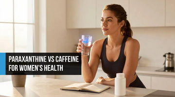 Confident woman at a bright kitchen island holding water and a supplement bottle with a soft blue glow, calm morning light, suggesting clean hormonal energy support