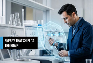 Scientist observing a digital shield protecting brain cells, representing the neuroprotective benefits of paraxanthine.