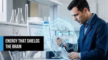 Scientist observing a digital shield protecting brain cells, representing the neuroprotective benefits of paraxanthine.